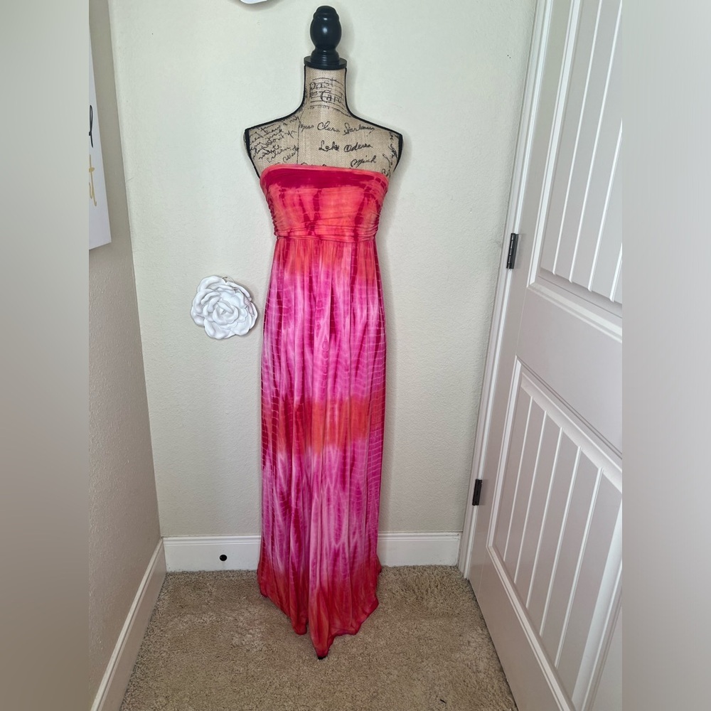 Boston Proper Ombré Tie Dye Orange & Pink Strapless Maxi Dress Sz XS